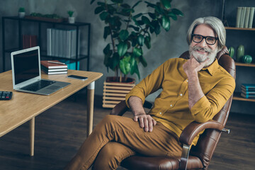 Portrait of attractive intellectual cheery gray-haired man it expert geek specialist at loft...