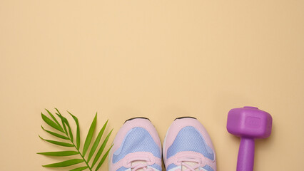 pair of pink sneakers and purple dumbbells on a beige background, sports. Copy space