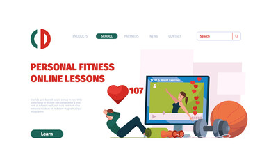 Online sport landing. Home fitness exercises personal web lessons and trainings with video instructor garish vector landing page with place for text