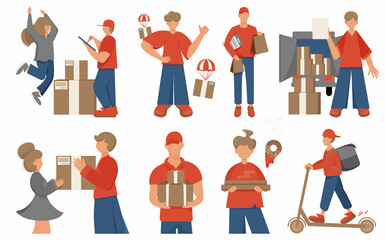 Delivery, delivery man, set of vector images. Ordering food, pizza, goods, goods online. A courier delivers a parcel, boxes.