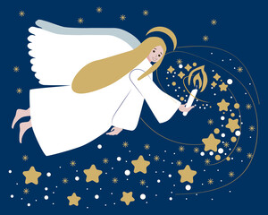 An angel with a candle on a blue background of snowflakes and stars. Vector illustration EPS8