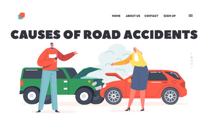 Fototapeta premium Causes of Road Accidents Landing Page Template. Car Accident on Road, Couple of Drivers Characters Stand on Roadside