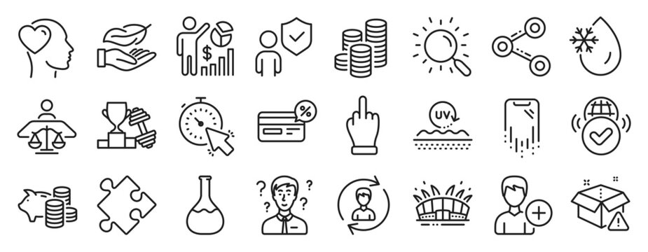 Set of Business icons, such as Strategy, Coins, Uv protection icons. Delivery warning, Smartphone recovery, Chemistry lab signs. Share, Support consultant, Dumbbell. Timer, Security. Vector
