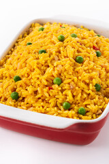 Traditional Mexican rice served with green peas isolated on white background	
