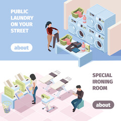 Laundry service banners. People in cleaning room washing self clothes in laundromat win fresh conditioner cleaning garish vector isometric illustrations with place for text