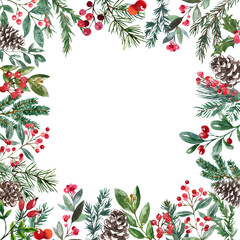 Square Christmas border with watercolor hand painted winter foliage, pine branches and red berries on white background. Holiday frame. Card template.
