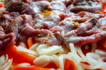 Fresh raw chicken meat pieces. Ready to cook turkey meat with cutting vegetable