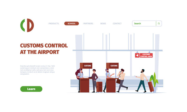 Customs service landing. Control gates in airport checkpoint with conveyors for luggage police scanners garish vector web page template