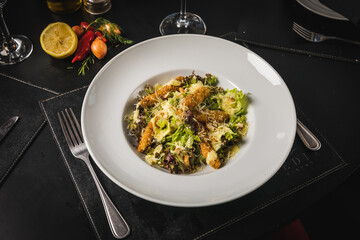 Delicious Contemporary Classic Food Dish Plate Menu Lunch Breakfast Rice Beans Pasta Sausage Shrimp on the Table