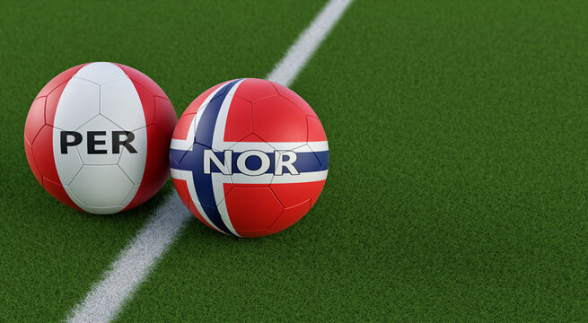 Norway vs. Peru Soccer Match - Leather balls in Norway and Peru national colors. 3D Rendering 