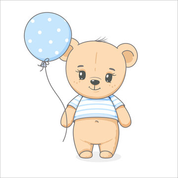 Cute teddy bear with balloons in his hands. Vector illustration of a cartoon.
