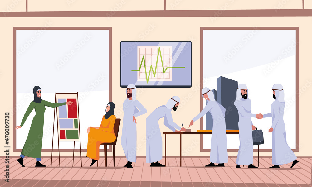 Sticker Arabic business meeting. Saudi workers in lecture room talking digital graphic growing company corporate office people garish vector flat background