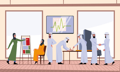 Arabic business meeting. Saudi workers in lecture room talking digital graphic growing company corporate office people garish vector flat background