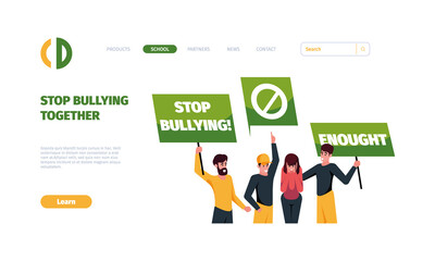 Bulling landing. Stop bully teenagers aggressive digital haters garish vector business web page with social announce