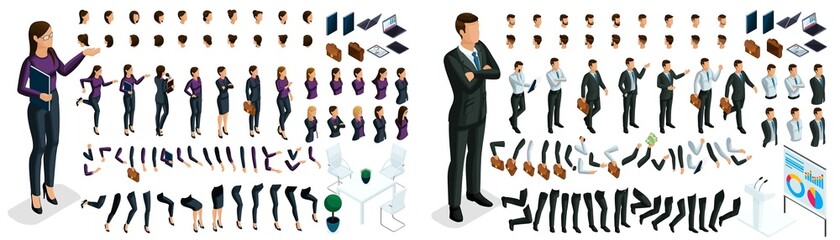 Fototapeta Isometric Set of gestures of hands and feet of a woman 3d business lady. Create your own isometric character in stylish clothes, an office worker obraz