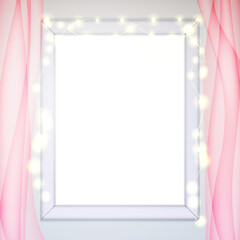 Window frame, glow garland, pink tulle curtains