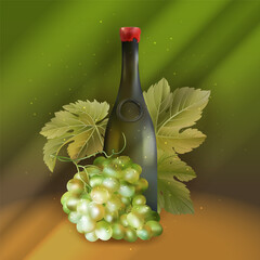 Vector image of realistic wine bottle and grapes