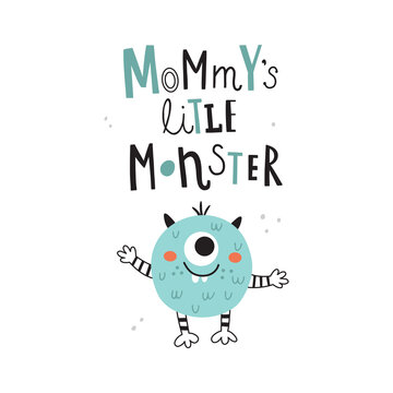 vector image of cute monster and lettering text