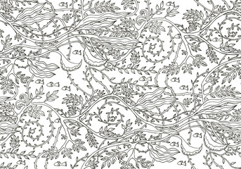 Fototapeta premium Pattern with small fish and underwater vegetation and seaweed. Black and white style. Print for fabric, textiles, wallpaper, paper, etc. Vector pattern illustration on the white background.