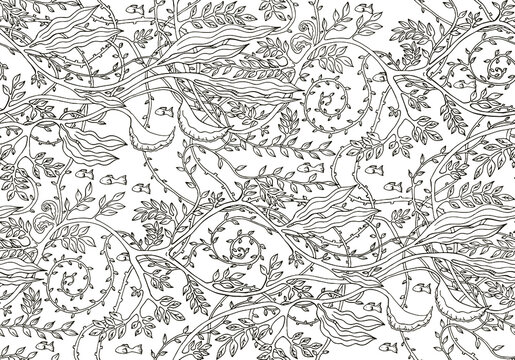 Pattern with small fish and underwater vegetation and seaweed. Black and white style. Print for fabric, textiles, wallpaper, paper, etc. Vector pattern illustration on the white background.