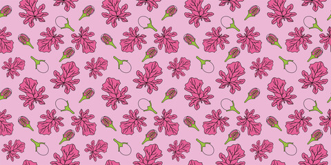 Graphic linear silhouette leaves with pink background. Vector seamless pattern. Vintage pattern.