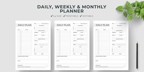Minimalist planner pages templates. Organizer page, diary, and daily control book. Life planners, weekly and days organizers, or office schedule lists. Graphic organization paper vector set