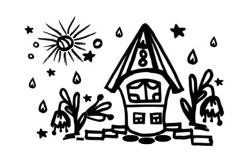 House, plants with flowers, sun with rays, drops, stars, freehand drawing, with black outline, on a white background, children's print, coloring, wallpaper