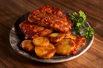 Zander fillets with tomato juice and potatoes