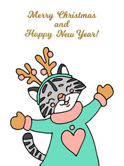 Vector Christmas cat illustration for greeting cards