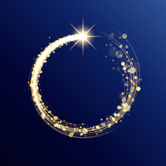 Obraz na płótnie Canvas Golden particle shining round frame. Golden ring. Glowing circle border with copyspace for text on blue background. Circular shining sparkling vortex. Light effect. Vector design element, illustration