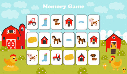Colorful memory game with hen and chicken, barn and farm in cartoon style for kids, printable worksheet with puzzle