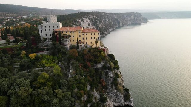 An aerial view of Castello di Duino over the gulf, Italy