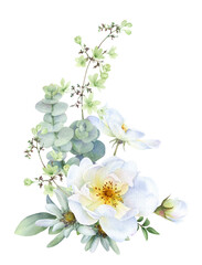 A bouquet of white roses, eucalyptus branches, herbs, flowers and green leaves hand drawn in watercolor isolated on a white background. Watercolor floral illustration.