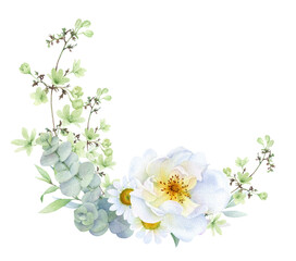 Floral arrangement, frame of white roses, eucalyptus branches, herbs, flowers and green leaves hand drawn in watercolor isolated on a white background. Watercolor floral illustration.