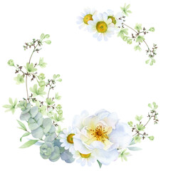 Floral frame of white wild roses, eucalyptus branches, chamomile, herbs, flowers and green leaves hand drawn in watercolor isolated on a white background. Watercolor floral illustration.