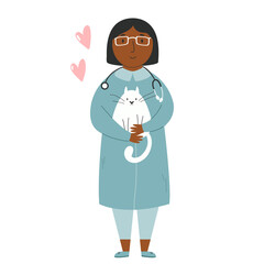 Vector illustration of a veterinarian embracing cat.