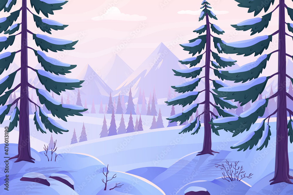 Poster winter forest view concept in flat cartoon design. snowy fir trees and other evergreen trees on slop
