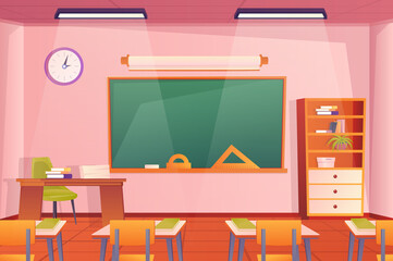 School classroom interior concept in flat cartoon design. Room and furniture wallpaper. Class with pupils desks, chairs, teachers desk, chalkboard, bookcase and decor. Vector illustration background