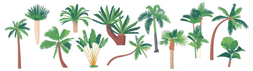 Palm Trees, Banana, Coconut Tropical Plants Graphic Design Elements on White Background. Jungle and Rainforest Flora - obrazy, fototapety, plakaty