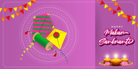 Vector illustration of Happy Makar Sankranti Indian Festival banner with colorful kites