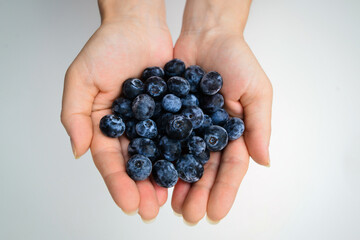 Female hands holding tasty ripe blueberries, close up. Handful of blueberries on white background. 