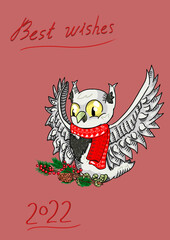 Snowy Owl and Bat celebrate Christmas at home. Happy holidays and New year eve!