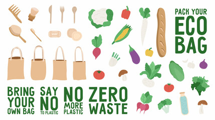 Collection of eco bags with text, zero waste items and vegetables for packing. Eco bag constructor. Vector illustration in flat style