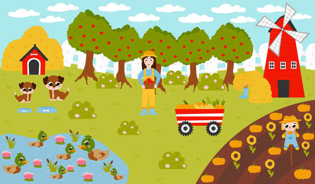 Printable farm poster with windmll and haystacks, girl farmer holding basket with apples, pond with ducks and dogs