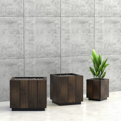 3D rendering Variants wood flower pots for interior