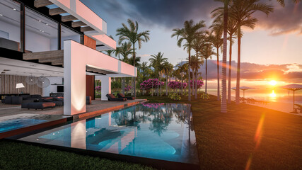 3d rendering of modern cozy house with pool and parking for sale or rent in luxurious style by the sea or ocean. Sunset evening by the azure coast with palm trees and flowers in tropical island