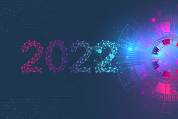 Modern technology template for Merry Christmas and Happy New Year 2022 with connected lines and dots. Digital geometric effect, illustration
