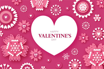 Naklejka premium Happy Valentine's Day. Abstract Pink Floral Greeting card. International Happy Women's Day. 8 March holiday paper cut style. Heart paper craft frame Flowers. Happy Mother's Day. Space for text.