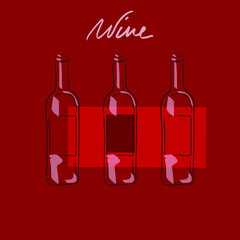 Simple lined wine bottles set vector background. Stylish design. Flat bottle picture. Bordeaux. Luxury red wine. French mitives. Red label. Rich alcohol beverage. Transparent objects. White lettering.