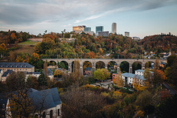 LUXEMBOURG CITY, OCTOBER 2021: panoramic view over the old town at sunset